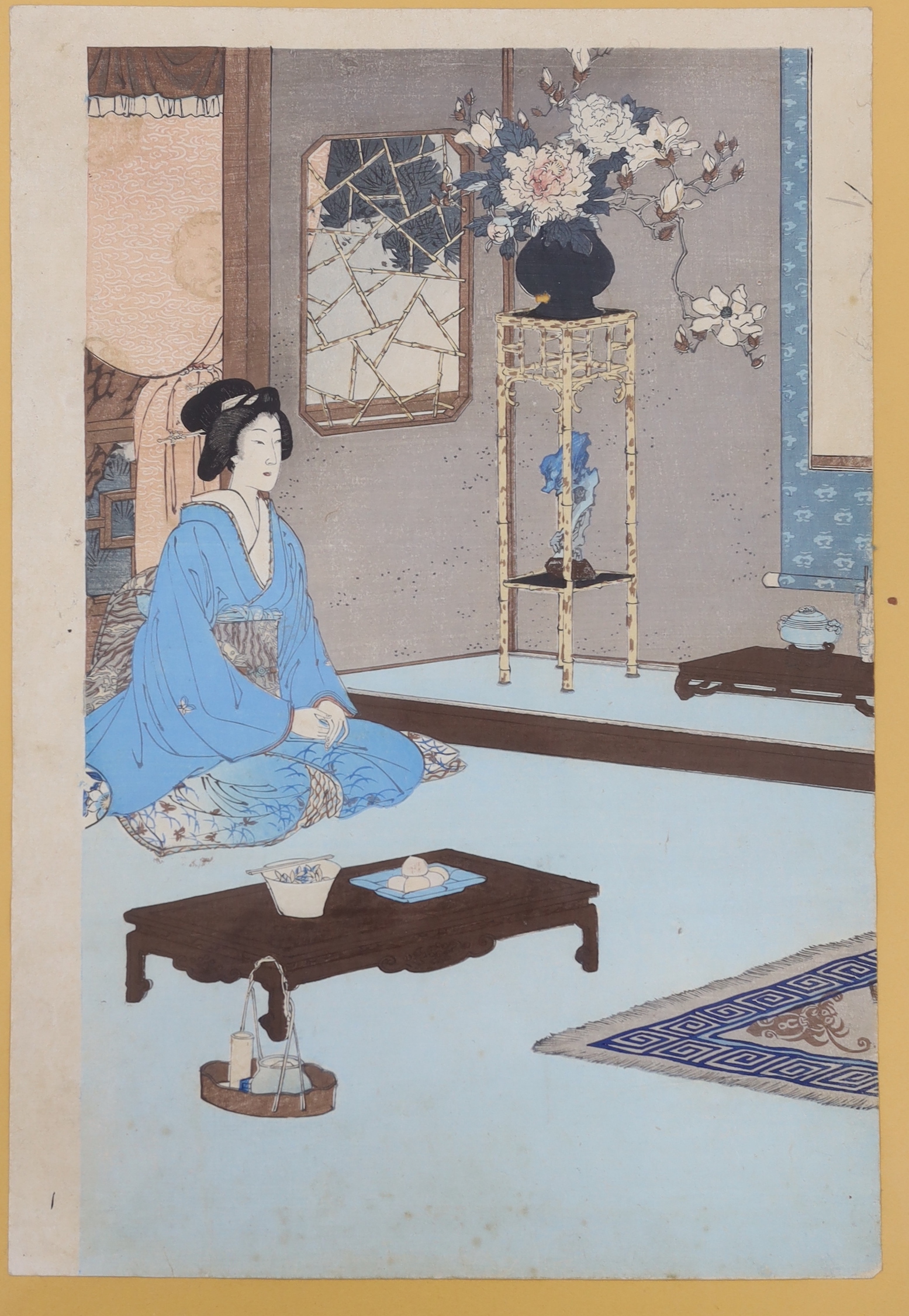 Five Japanese woodblock prints including one by Toyohara Chikanobu (1838-1912) 'Bridge over water' and four others, women wearing kimonos, each 37 x 25cm